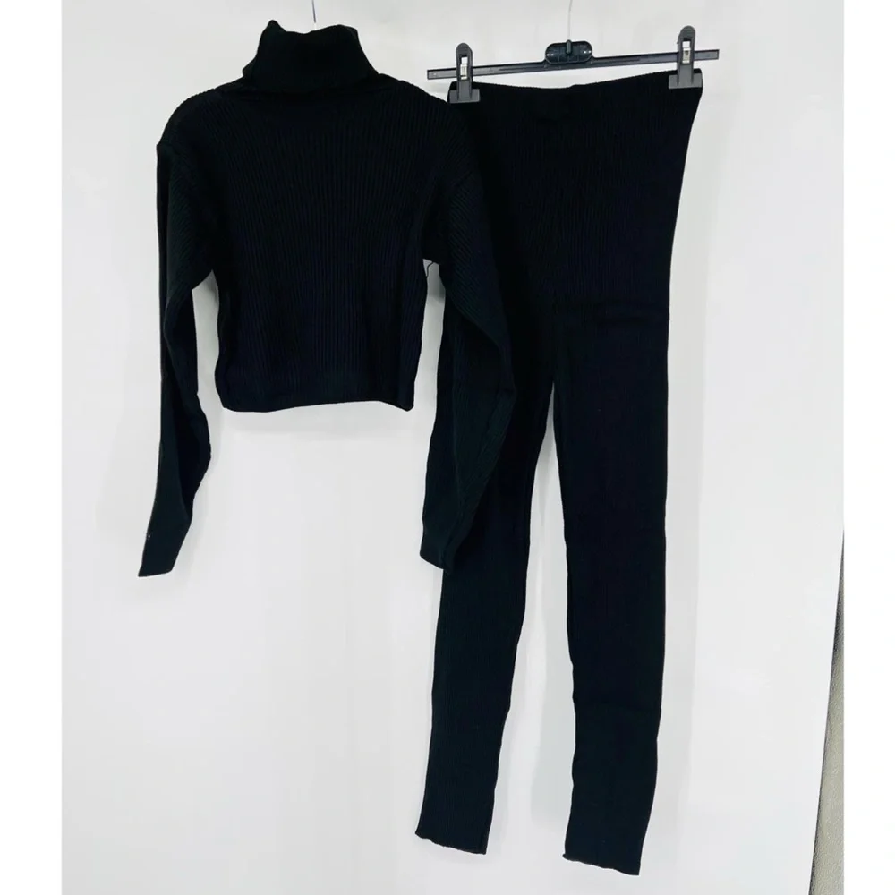 Black Knitted Long Sleeve Turtle Neck Crop Top and Pants Two Piece Set - Picture 15 of 15